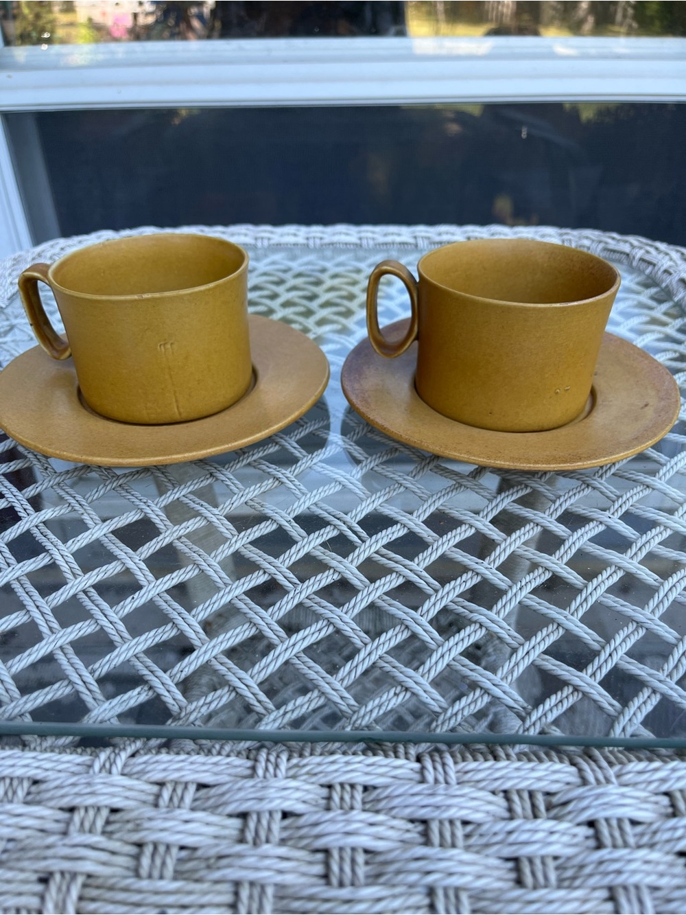 Vintage Bennington Pottery Cups/Saucers Set If Two Tawny Mustard #1626, #1627